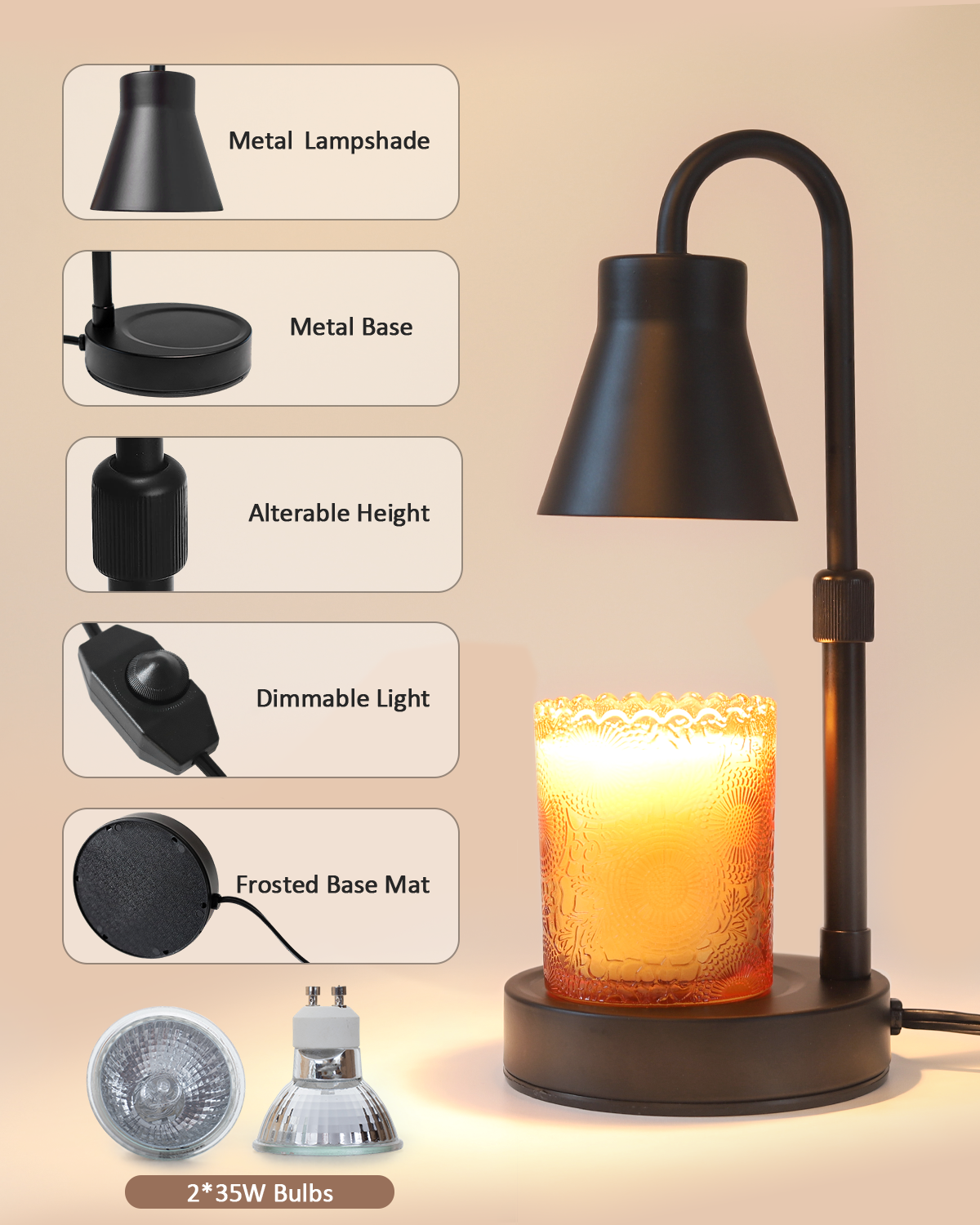 Elenhome Candle Warmer Lamp with Adjustable Height, Stepless Dimming Function-Home Decor Lamp Candle Warmer, Metal Candle Lamp for Jar Candles, No Flame Scented Candle Warmer with 2 Bulbs (Black)