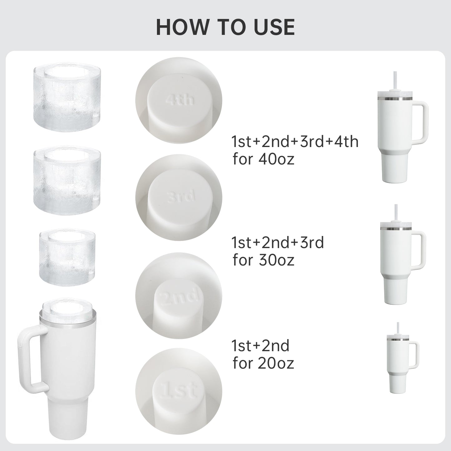 Ice mold for stanley cup, Silicone Ice Cube Molds for Stanley 20oz 30oz 40oz Tumbler Cup, 4 Pcs Silicone Hollow Cylinder Ice Mold with Lid and Bin for Freezer, Ice Drink, Juice, Coffee, Whiskey(white)