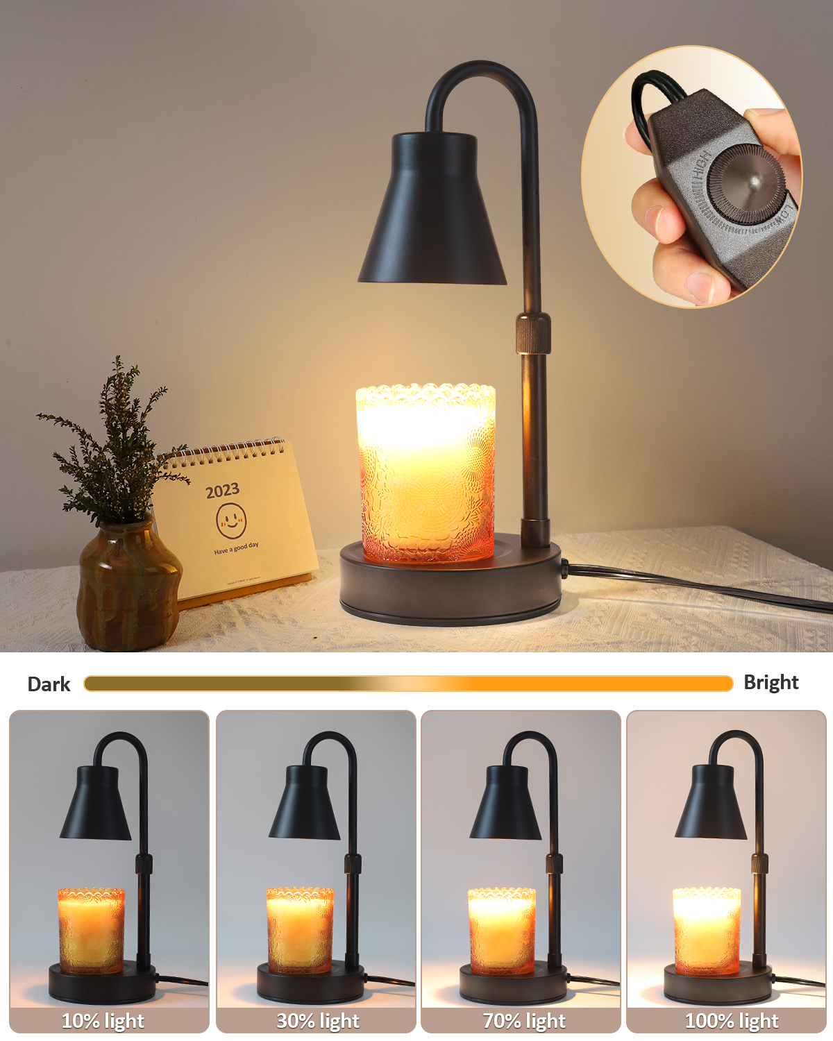 Elenhome Candle Warmer Lamp with Adjustable Height, Stepless Dimming Function-Home Decor Lamp Candle Warmer, Metal Candle Lamp for Jar Candles, No Flame Scented Candle Warmer with 2 Bulbs (Black)