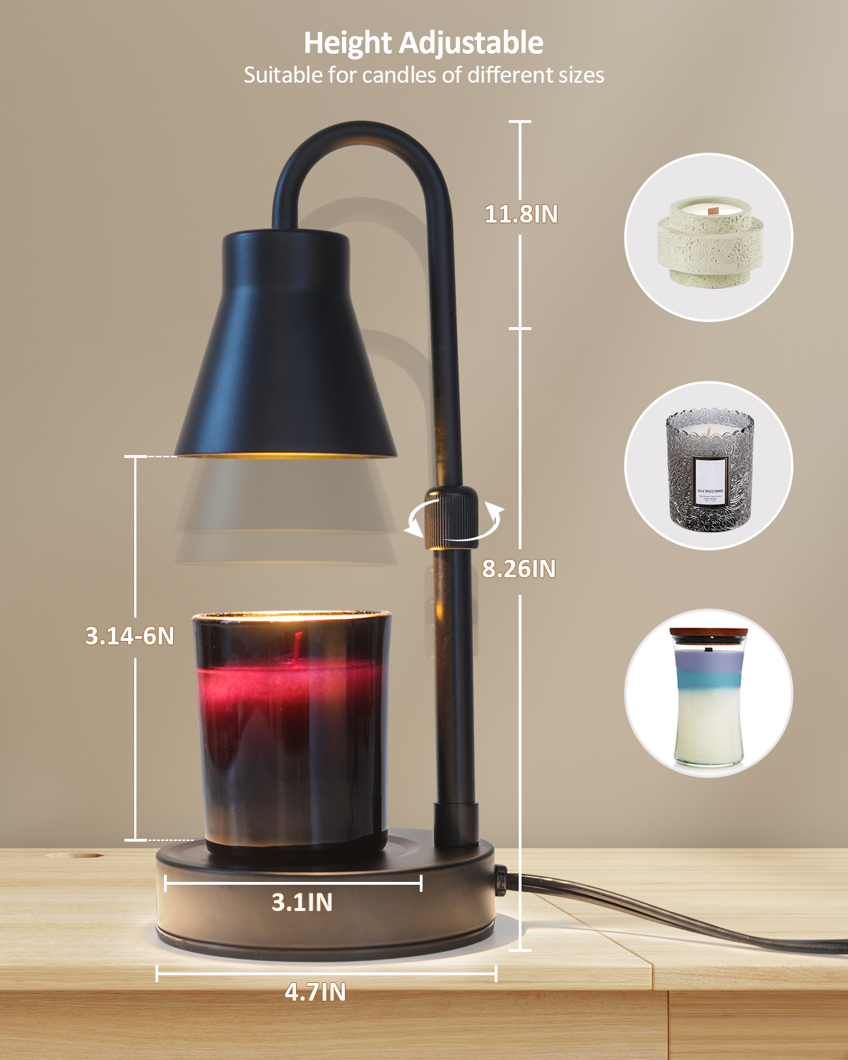 Elenhome Candle Warmer Lamp with Adjustable Height, Stepless Dimming Function-Home Decor Lamp Candle Warmer, Metal Candle Lamp for Jar Candles, No Flame Scented Candle Warmer with 2 Bulbs (Black)