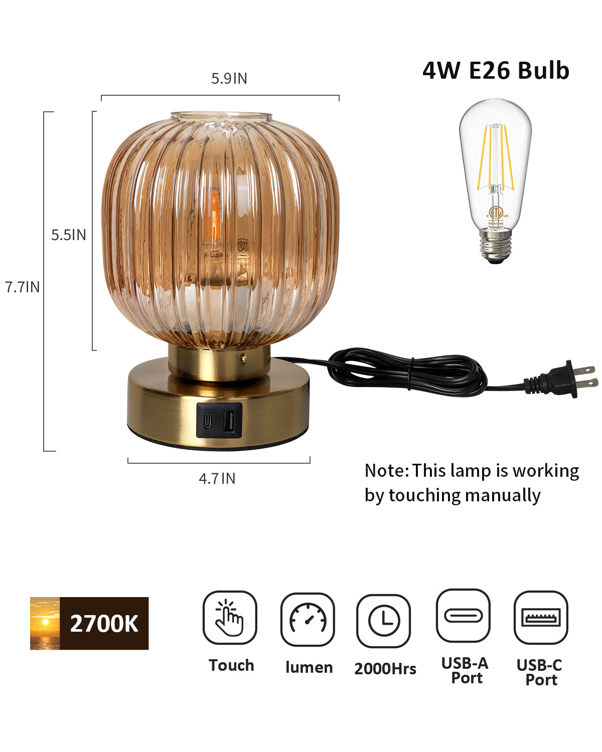 Touch Small Table Lamp,Elegant Gold Glass Bedside Lamp 3 Way Dimmable with USB C+A Charging Ports - Bedroom Nightstand & Living Room Essential, 4W Bulb Included (Gold)