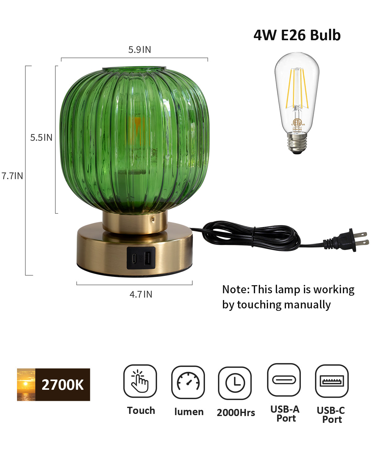 Touch Small Table Lamp,Elegant Green Glass Bedside Lamp 3 Way Dimmable with USB C+A Charging Ports - Bedroom Nightstand & Living Room Essential, 4W Bulb Included (Green)