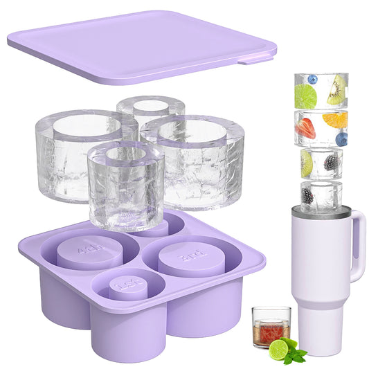 Ice mold for stanley cup, Silicone Ice Cube Molds for Stanley 20oz 30oz 40oz Tumbler Cup, 4 Pcs Silicone Hollow Cylinder Ice Mold with Lid and Bin for Freezer,Ice Drink,Juice,Coffee,Whiskey（Purple）