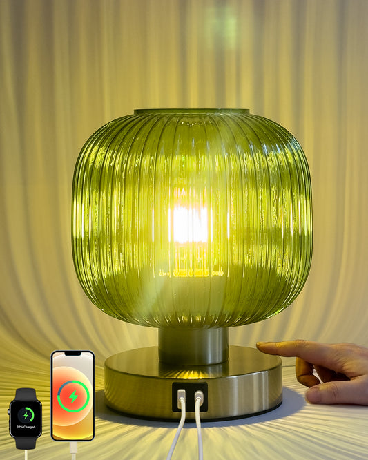 Big Touch Table Lamp,Elegant Green Glass Bedside Lamp 3 Way Dimmable with USB C+A Charging Ports - Bedroom Nightstand & Living Room Essential, 4W Bulb Included (Green)