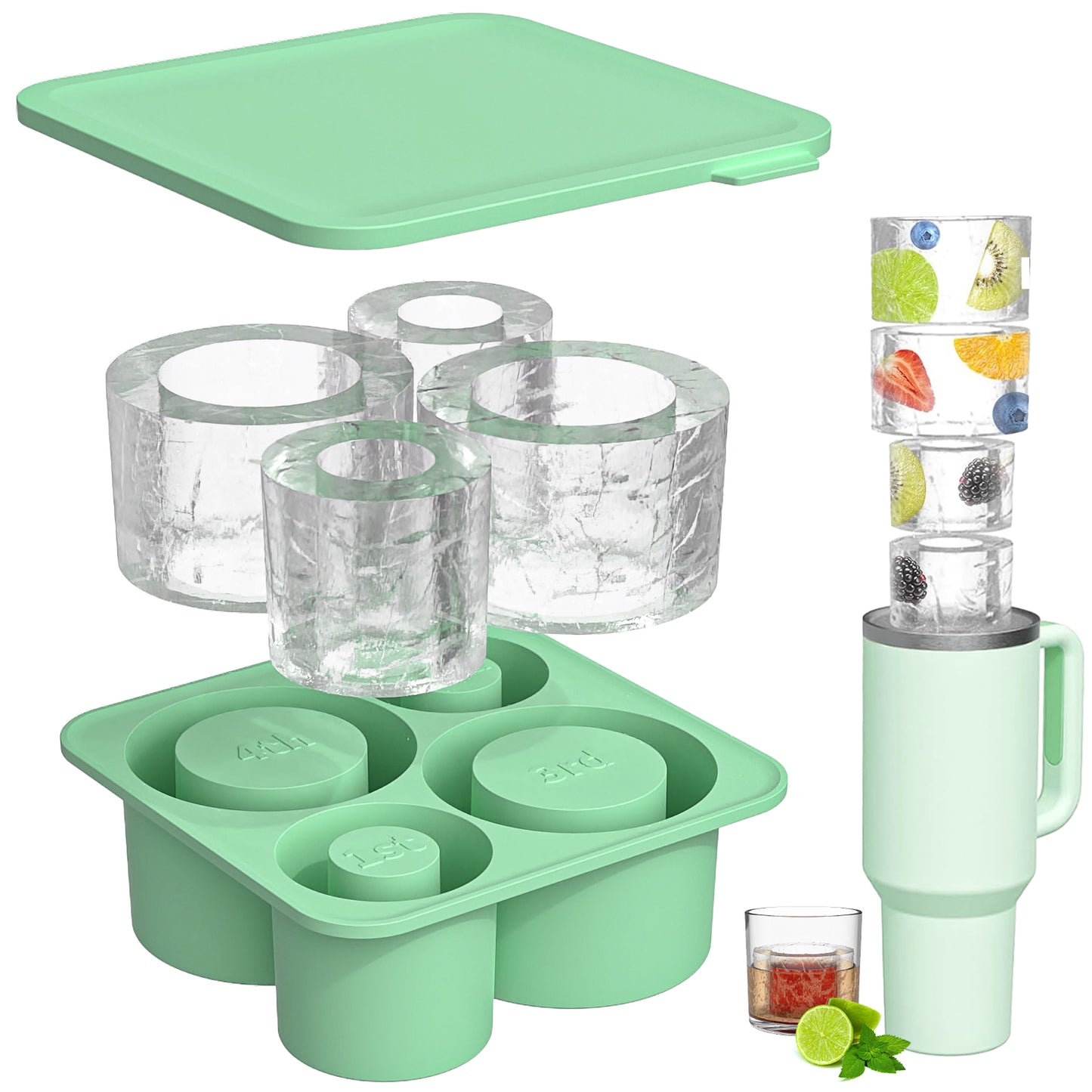 Ice mold for stanley cup, Silicone Ice Cube Molds for Stanley 20oz 30oz 40oz Tumbler Cup, 4 Pcs Silicone Hollow Cylinder Ice Mold with Lid and Bin for Freezer, Ice Drink, Juice, Coffee, Whiskey（green）