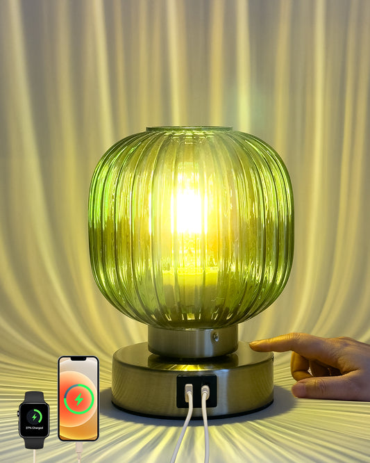 Touch Small Table Lamp,Elegant Green Glass Bedside Lamp 3 Way Dimmable with USB C+A Charging Ports - Bedroom Nightstand & Living Room Essential, 4W Bulb Included (Green)