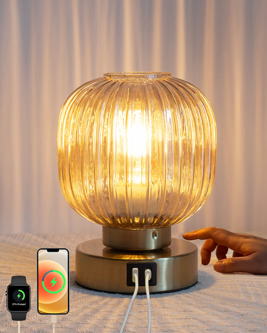 Touch Small Table Lamp,Elegant Gold Glass Bedside Lamp 3 Way Dimmable with USB C+A Charging Ports - Bedroom Nightstand & Living Room Essential, 4W Bulb Included (Gold)