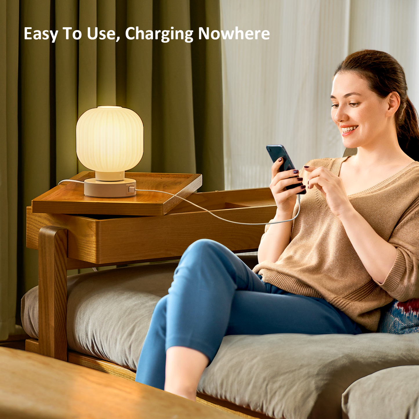 Elenhome Table Lamp with USB C+A Charging Ports, Small Touch Control Bedside Lamp with LED Bulb for Bedroom, 3 Way Dimmable Nightstand Lamp with White Glass Lamp Shade for Living Room, Bedroom Decor