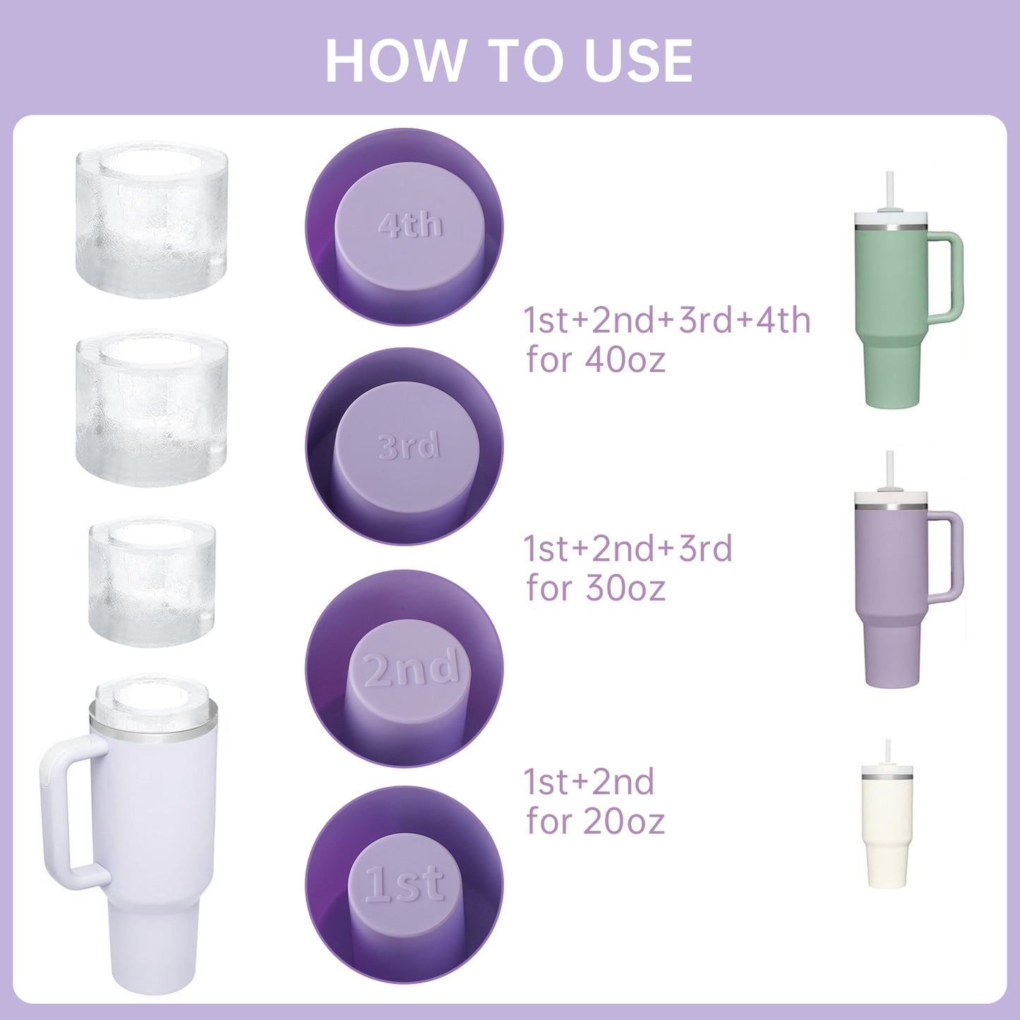 Ice mold for stanley cup, Silicone Ice Cube Molds for Stanley 20oz 30oz 40oz Tumbler Cup, 4 Pcs Silicone Hollow Cylinder Ice Mold with Lid and Bin for Freezer,Ice Drink,Juice,Coffee,Whiskey（Purple）