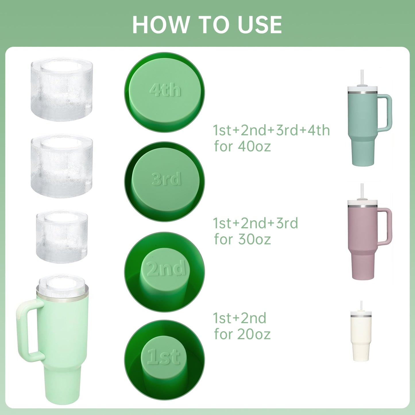 Ice mold for stanley cup, Silicone Ice Cube Molds for Stanley 20oz 30oz 40oz Tumbler Cup, 4 Pcs Silicone Hollow Cylinder Ice Mold with Lid and Bin for Freezer, Ice Drink, Juice, Coffee, Whiskey（green）