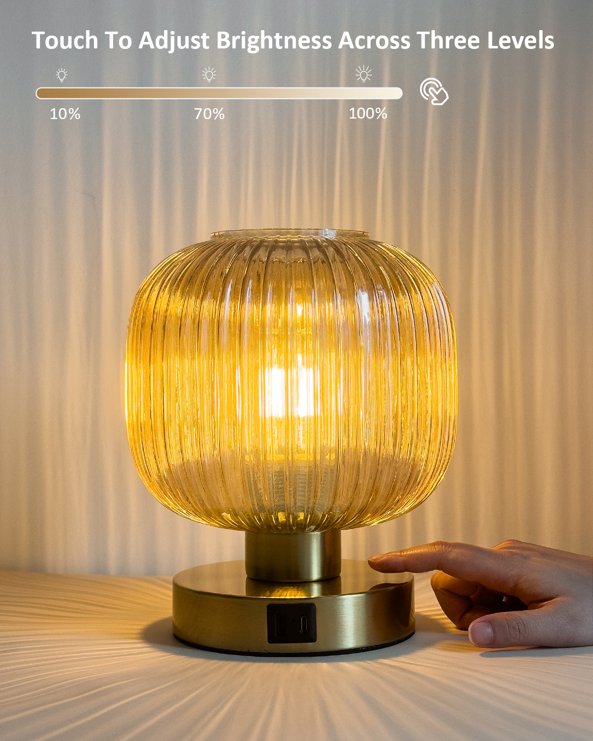 Big Touch Table Lamp,Elegant Gold Glass Bedside Lamp 3 Way Dimmable with USB C+A Charging Ports - Bedroom Nightstand & Living Room Essential, 4W Bulb Included (Gold)