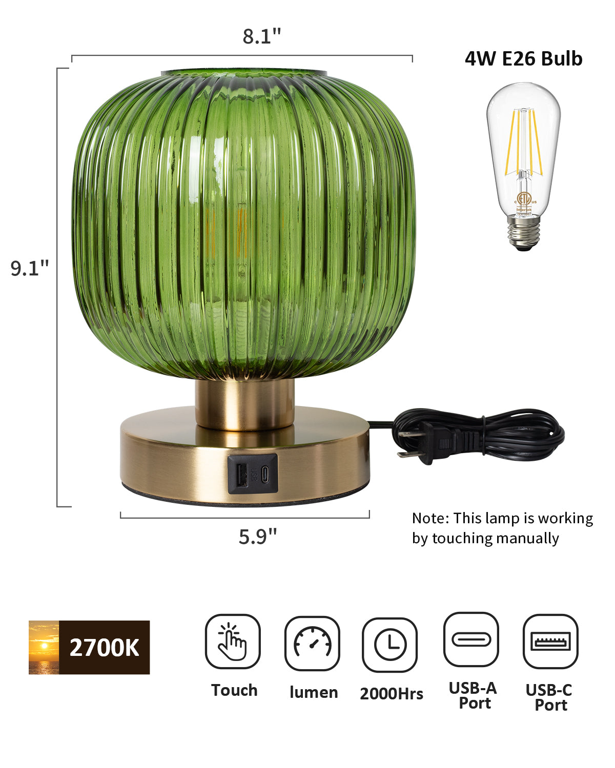 Big Touch Table Lamp,Elegant Green Glass Bedside Lamp 3 Way Dimmable with USB C+A Charging Ports - Bedroom Nightstand & Living Room Essential, 4W Bulb Included (Green)