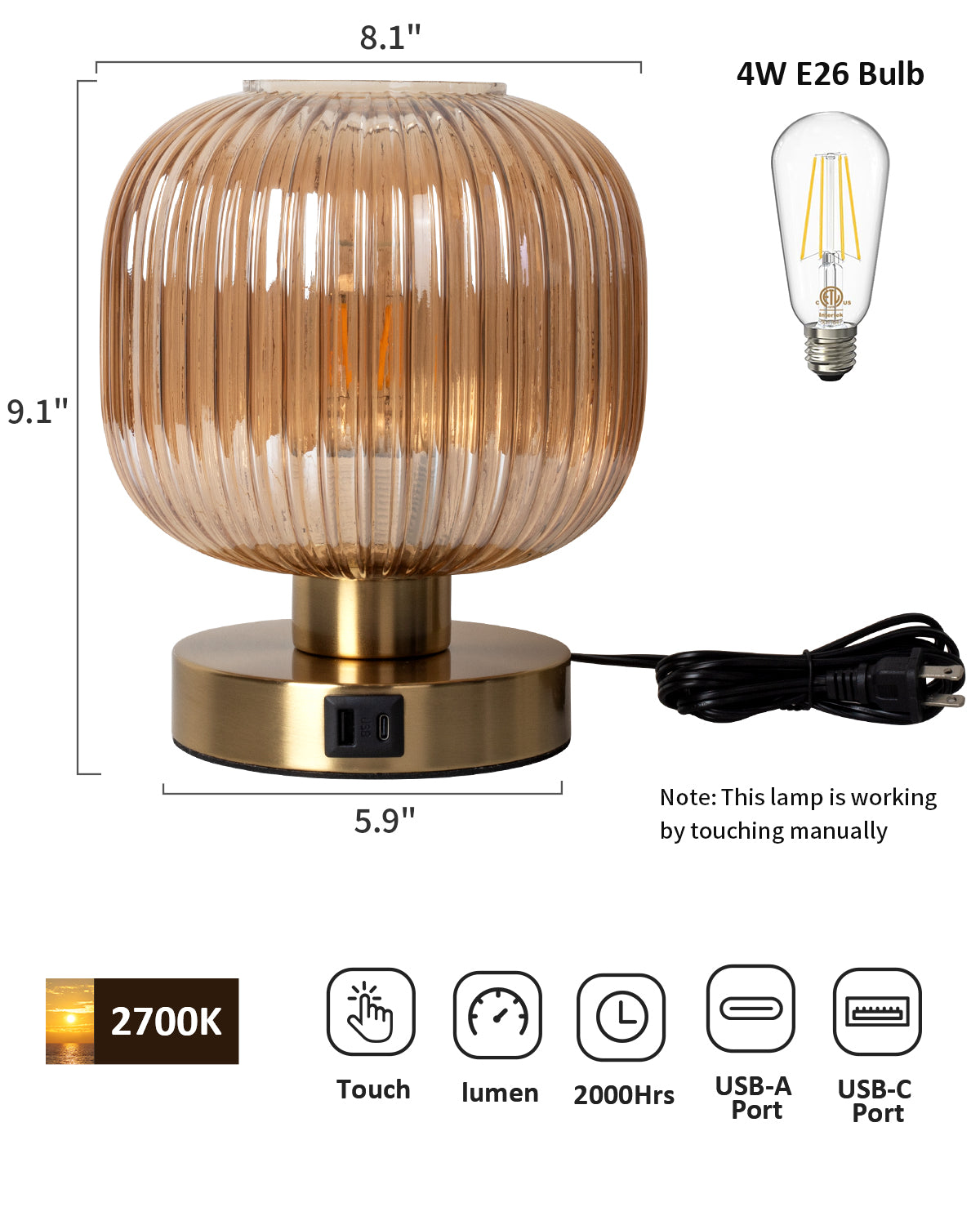 Big Touch Table Lamp,Elegant Gold Glass Bedside Lamp 3 Way Dimmable with USB C+A Charging Ports - Bedroom Nightstand & Living Room Essential, 4W Bulb Included (Gold)