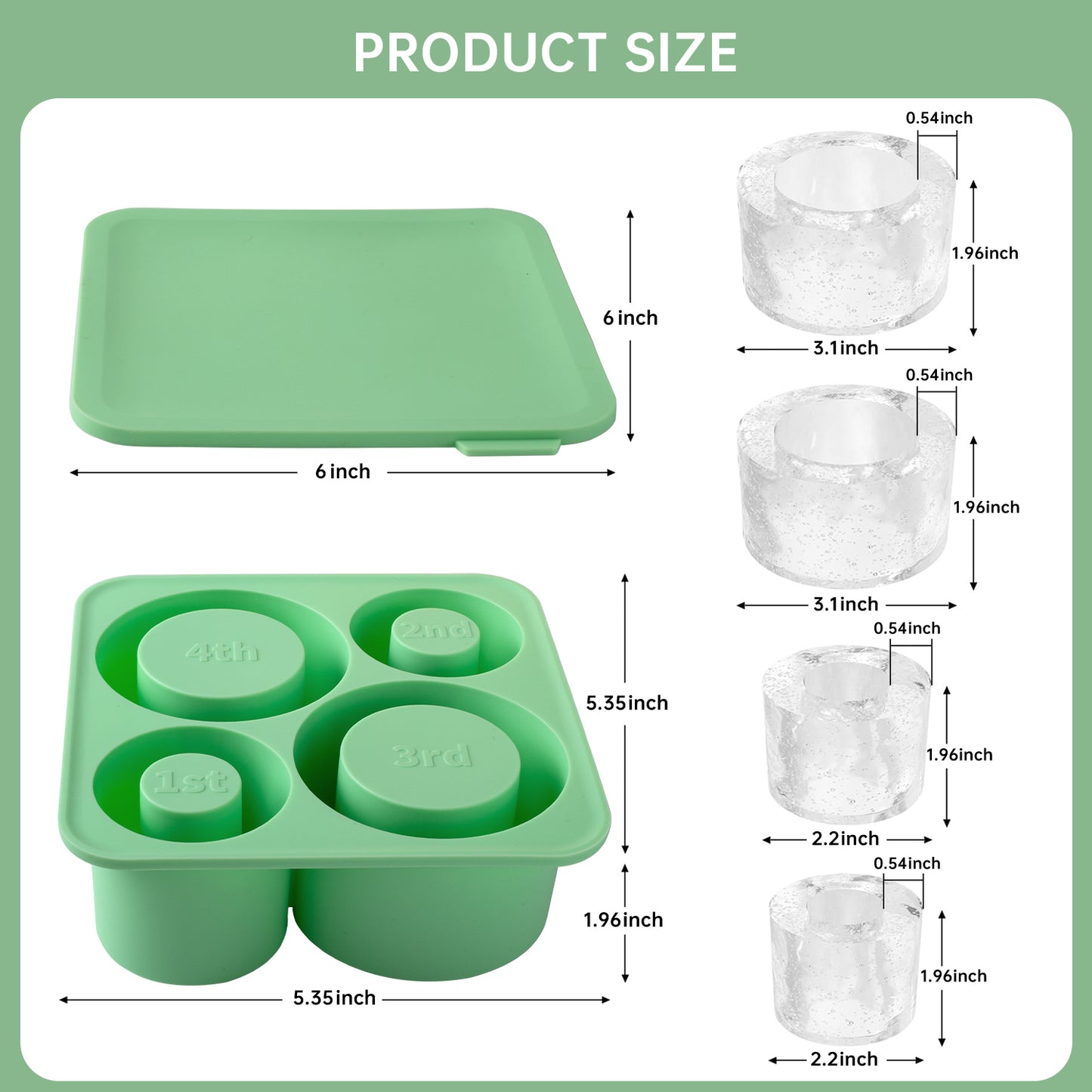 Ice mold for stanley cup, Silicone Ice Cube Molds for Stanley 20oz 30oz 40oz Tumbler Cup, 4 Pcs Silicone Hollow Cylinder Ice Mold with Lid and Bin for Freezer, Ice Drink, Juice, Coffee, Whiskey（green）