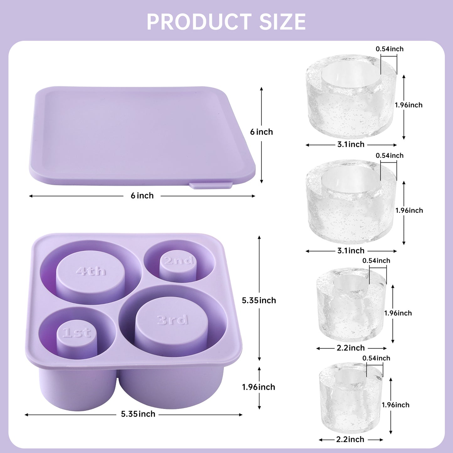 Ice mold for stanley cup, Silicone Ice Cube Molds for Stanley 20oz 30oz 40oz Tumbler Cup, 4 Pcs Silicone Hollow Cylinder Ice Mold with Lid and Bin for Freezer,Ice Drink,Juice,Coffee,Whiskey（Purple）