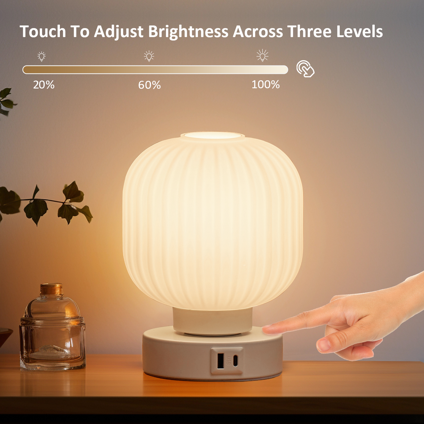 Elenhome Table Lamp with USB C+A Charging Ports, Small Touch Control Bedside Lamp with LED Bulb for Bedroom, 3 Way Dimmable Nightstand Lamp with White Glass Lamp Shade for Living Room, Bedroom Decor