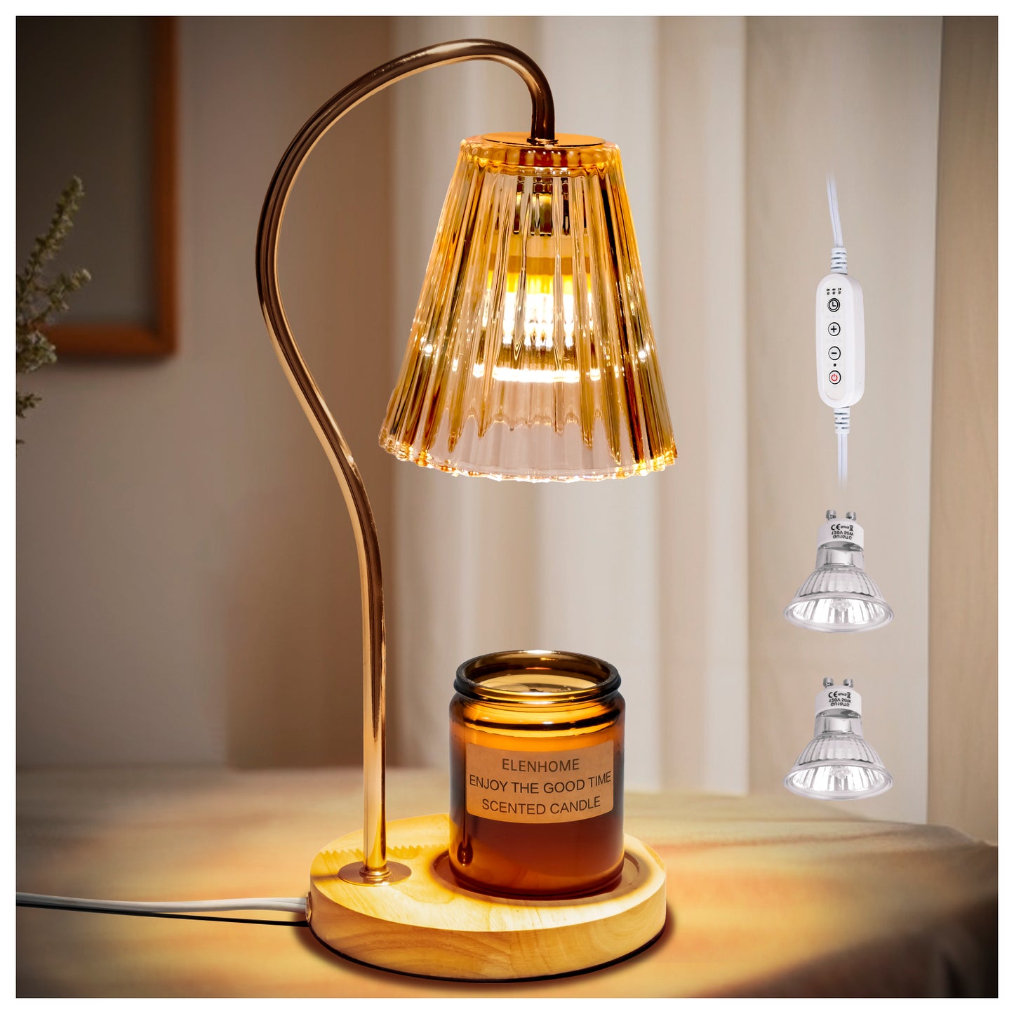 Elenhome Candle Warmer Lamp, Modern-Glass Candle Lamp Warmer with Timer & Dimmer, Electric Candle Warmer Lamp for Jar Candles, Wax Melter Warmer Lamps for Home Decor Gift, with 2 * 50W Bulbs (Amber)