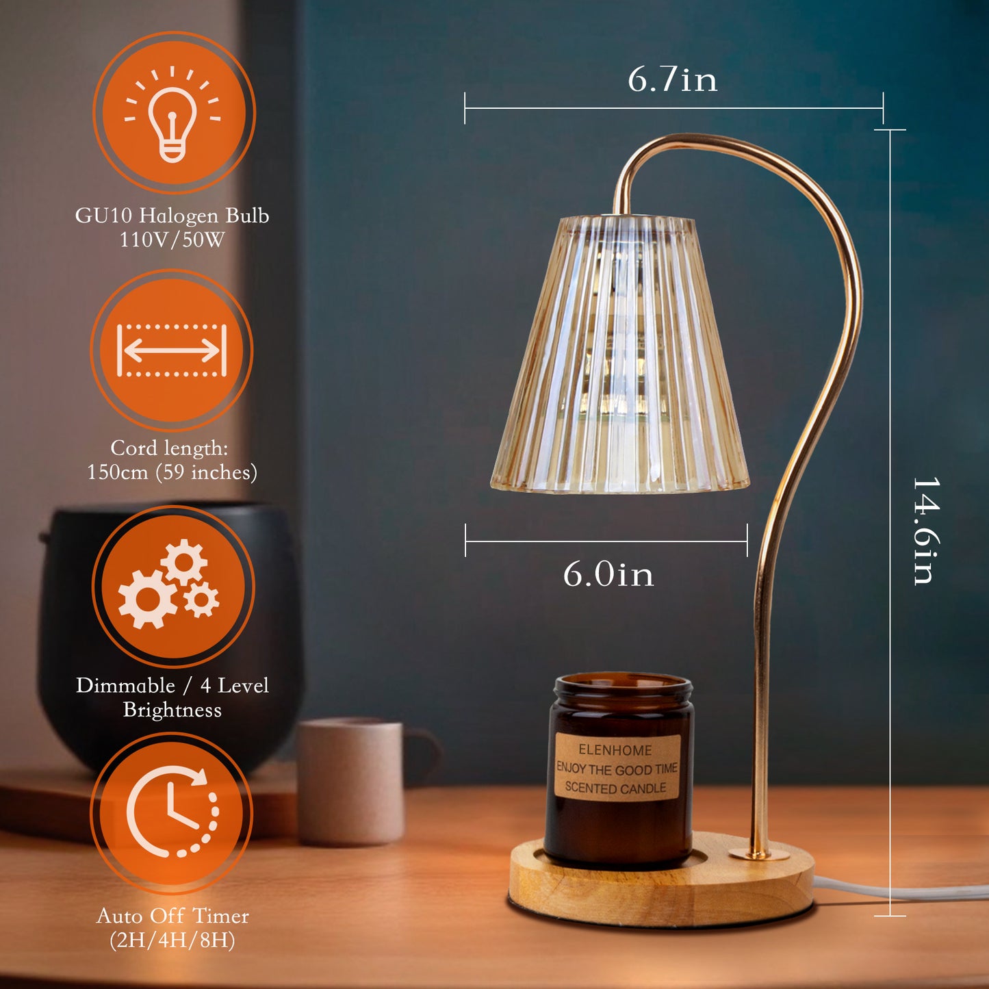 Elenhome Candle Warmer Lamp, Modern-Glass Candle Lamp Warmer with Timer & Dimmer, Electric Candle Warmer Lamp for Jar Candles, Wax Melter Warmer Lamps for Home Decor Gift, with 2 * 50W Bulbs (Amber)