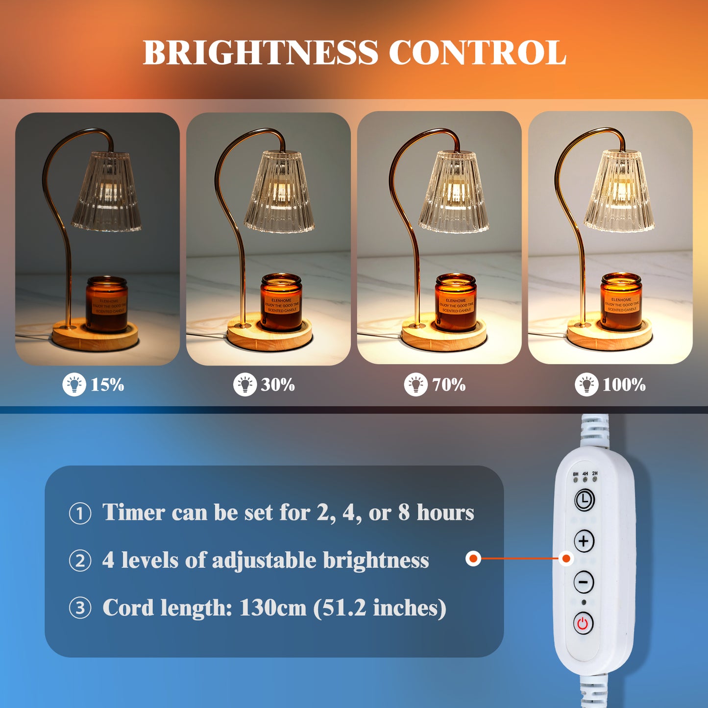 Elenhome Candle Warmer Lamp, Modern Glass Candle Lamp Warmer with Timer & Dimmer, Electric Candle Warmer Lamp for Jar Candles,Wax Melter Warmer Lamps for Home Decor Gift, with 2 * 50W Bulbs (Clear)